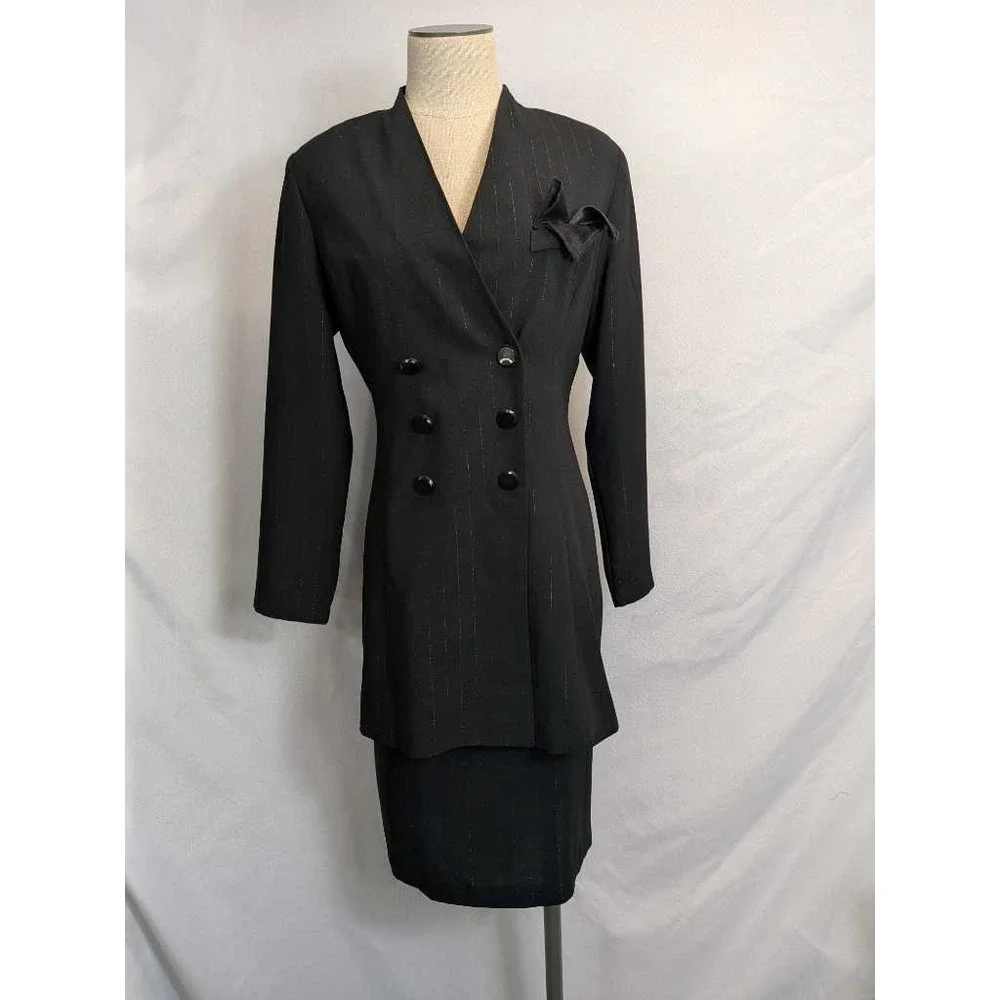 Leslie Fay Petite Black Pinstripe Double Breasted Blazer Dress Suit Set 12P‎